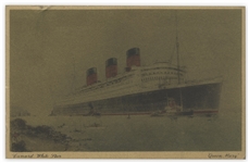 Moe Howard Autograph Postcard Signed From 1939 Aboard the Queen Mary, En Route to England for the Stooges Tour of the British Isles -- Moe Writes to His Daughter, Signing ''Daddy Dear'' -- Very Good